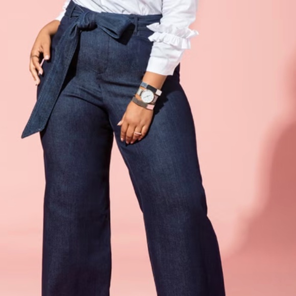 High Rise Wide Leg Denim Pant w/belt - Picture 7 of 7